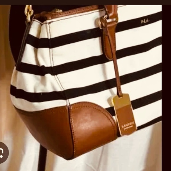 Lauren Ralph Lauren Handbags - Lauren Ralph Lauren Striped Canvas Leather Trim Satchel